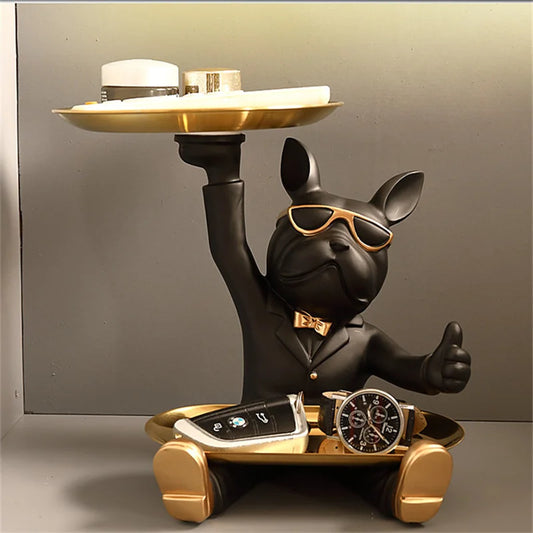 Resin French Bulldog Statue with 2 Trays Cool Decorative Dog Sculpture Animal Figurine Ornaments Living Room Home Decor Gifts