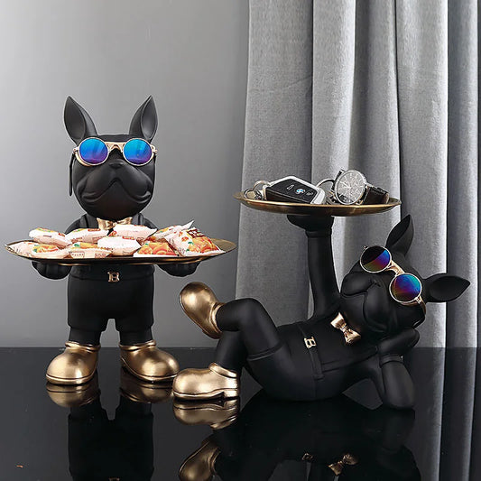 Resin Home Decor French Bulldog Statue with Glasses Storage Tray for Keys Dog Sculpture Animal Figurines Table Decoration Gift