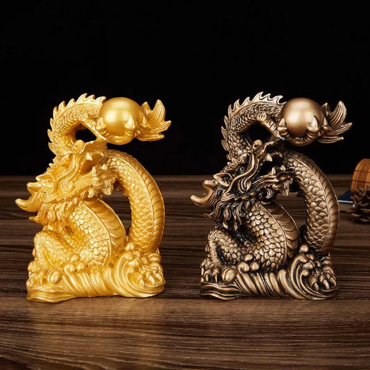 Resin Lucky Dragon Sculpture Statue Chinese mascot Tamron ornaments  Home decoration accessories Gold color and antique copper