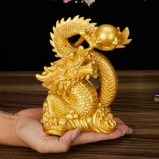Resin Lucky Dragon Sculpture Statue Chinese mascot Tamron ornaments  Home decoration accessories Gold color and antique copper