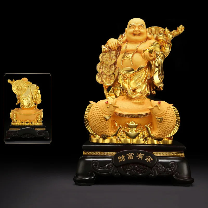 Resin Maitreya Buddha Decorative Statue，Chinese big belly laughing Buddha statue，Home living room housewarming lucky craft gifts