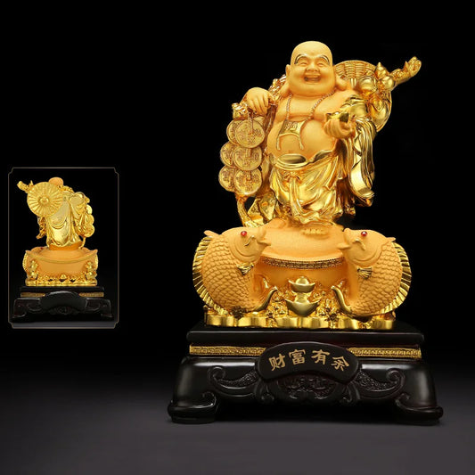 Resin Maitreya Buddha Decorative Statue，Chinese big belly laughing Buddha statue，Home living room housewarming lucky craft gifts