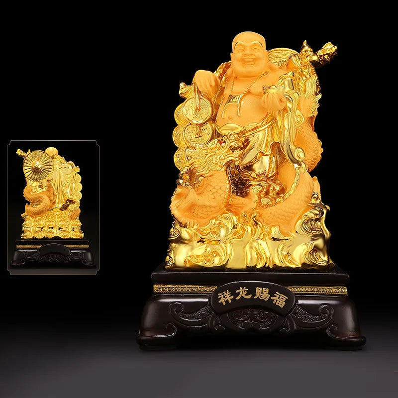 Resin Maitreya Buddha Decorative Statue，Chinese big belly laughing Buddha statue，Home living room housewarming lucky craft gifts