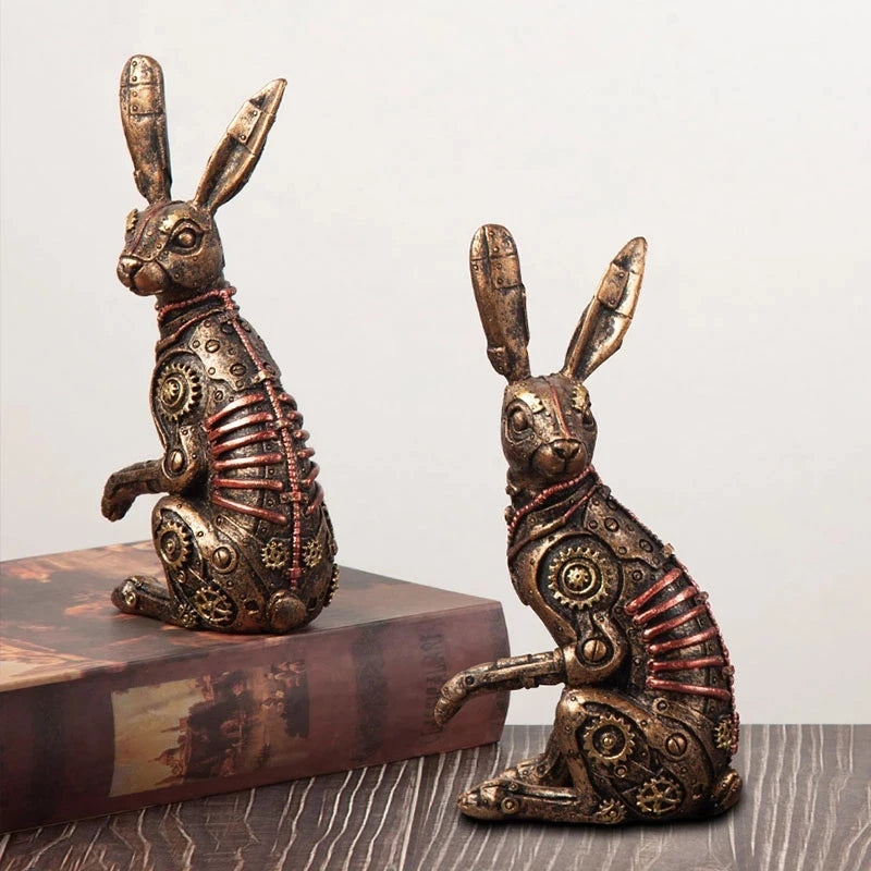 Resin Rabbit Statues Steampunk Metal Animal Figurines Steam Punk Mechanical Ornament Inteiror Home Office Decorations