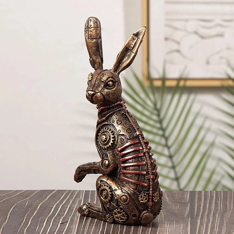 Resin Rabbit Statues Steampunk Metal Animal Figurines Steam Punk Mechanical Ornament Inteiror Home Office Decorations