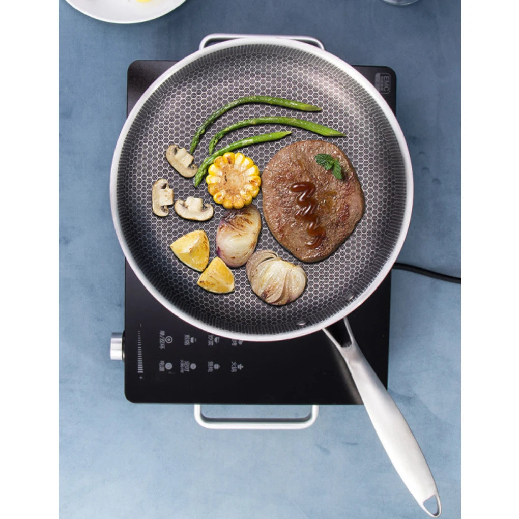 Restaurant Multifunctional Stainless Steel Deep Frying Pot Meat Non-stick Cooking Flat Pan Kitchen Gadget 24cm
