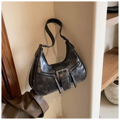 Retro Belt Design PU Leather Shoulder Bags for Women 2024 Y2K Small Vintage Female Underarm Crossbody Bag Fashion Handbags