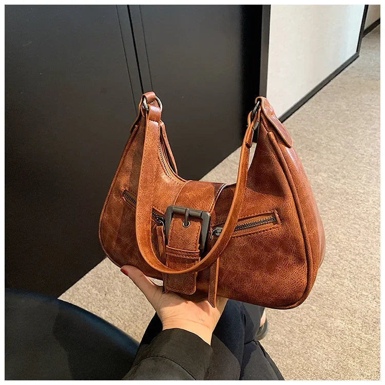 Retro Belt Design PU Leather Shoulder Bags for Women 2024 Y2K Small Vintage Female Underarm Crossbody Bag Fashion Handbags