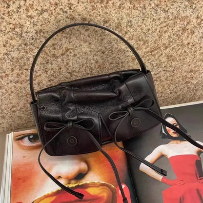 Retro Bow Underarm Bag 2024 New Fashion Versatile Washed Leather Shoulder Bag Crossbody Bag