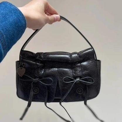 Retro Bow Underarm Bag 2024 New Fashion Versatile Washed Leather Shoulder Bag Crossbody Bag