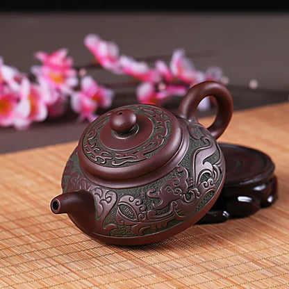 Retro Bronze Flat Tea Set, Large Teapot, Antique Dragon Tea Cup, Yixing Purple Sand, Kungfu Bubble Teapot
