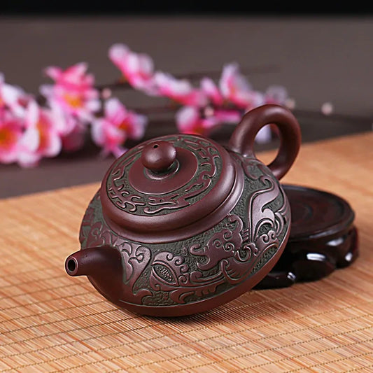 Retro Bronze Flat Tea Set, Large Teapot, Antique Dragon Tea Cup, Yixing Purple Sand, Kungfu Bubble Teapot