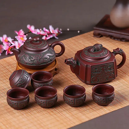 Retro Bronze Flat Tea Set, Large Teapot, Antique Dragon Tea Cup, Yixing Purple Sand, Kungfu Bubble Teapot