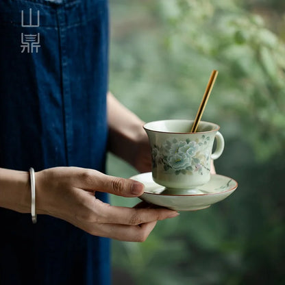 Retro Ceramic Cups Chinese Porcelain Handgrip Coffee Mug Milk Tea Cup with Spoon and Tray Home Decor Drinkware