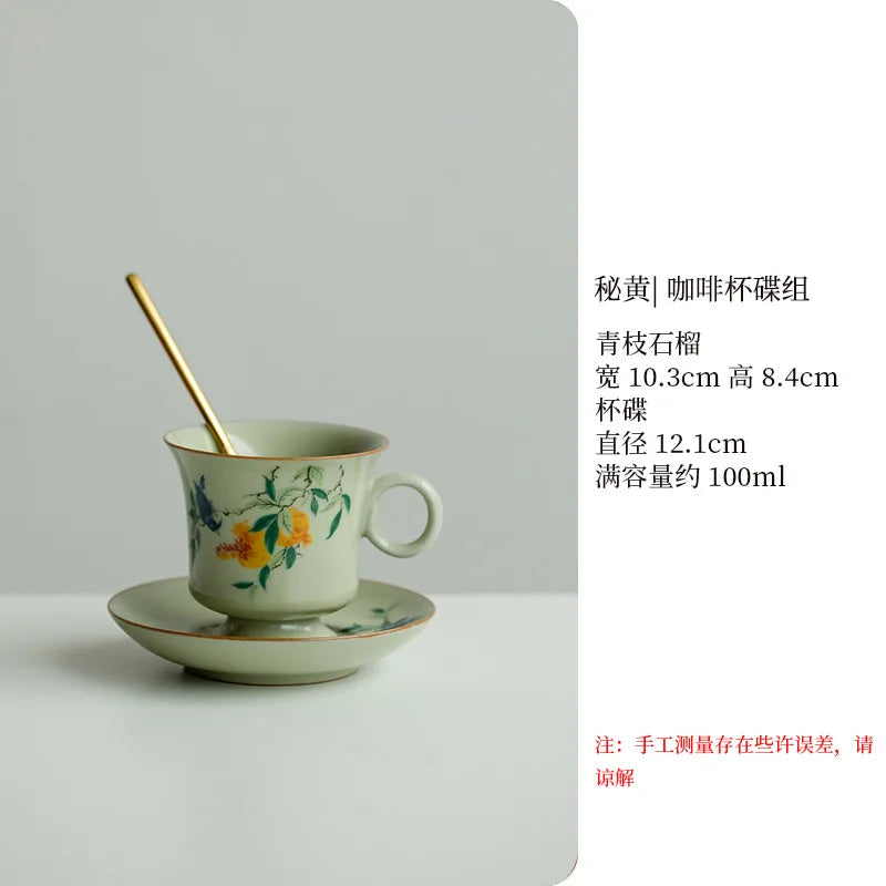 Retro Ceramic Cups Chinese Porcelain Handgrip Coffee Mug Milk Tea Cup with Spoon and Tray Home Decor Drinkware