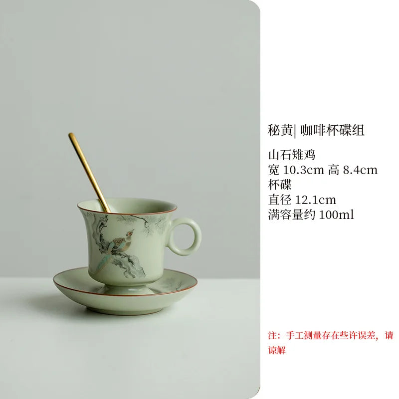 Retro Ceramic Cups Chinese Porcelain Handgrip Coffee Mug Milk Tea Cup with Spoon and Tray Home Decor Drinkware