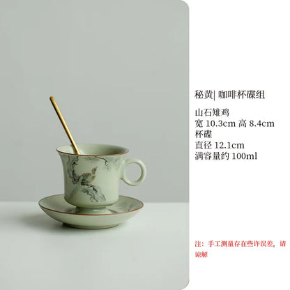 Retro Ceramic Cups Chinese Porcelain Handgrip Coffee Mug Milk Tea Cup with Spoon and Tray Home Decor Drinkware