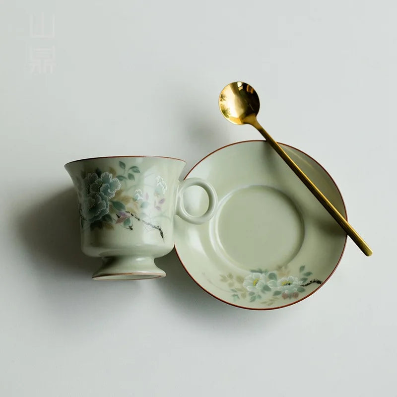 Retro Ceramic Cups Chinese Porcelain Handgrip Coffee Mug Milk Tea Cup with Spoon and Tray Home Decor Drinkware