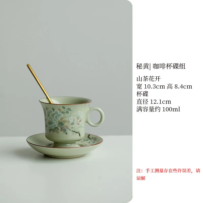 Retro Ceramic Cups Chinese Porcelain Handgrip Coffee Mug Milk Tea Cup with Spoon and Tray Home Decor Drinkware