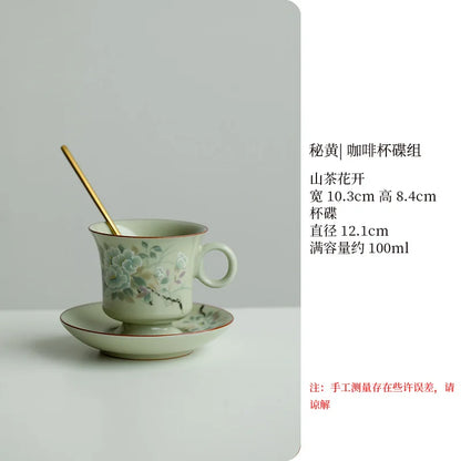 Retro Ceramic Cups Chinese Porcelain Handgrip Coffee Mug Milk Tea Cup with Spoon and Tray Home Decor Drinkware