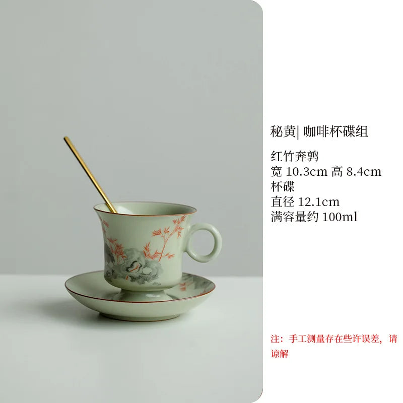 Retro Ceramic Cups Chinese Porcelain Handgrip Coffee Mug Milk Tea Cup with Spoon and Tray Home Decor Drinkware