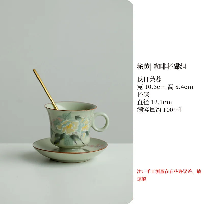 Retro Ceramic Cups Chinese Porcelain Handgrip Coffee Mug Milk Tea Cup with Spoon and Tray Home Decor Drinkware