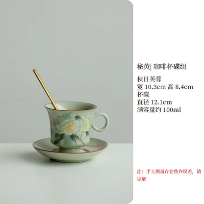 Retro Ceramic Cups Chinese Porcelain Handgrip Coffee Mug Milk Tea Cup with Spoon and Tray Home Decor Drinkware