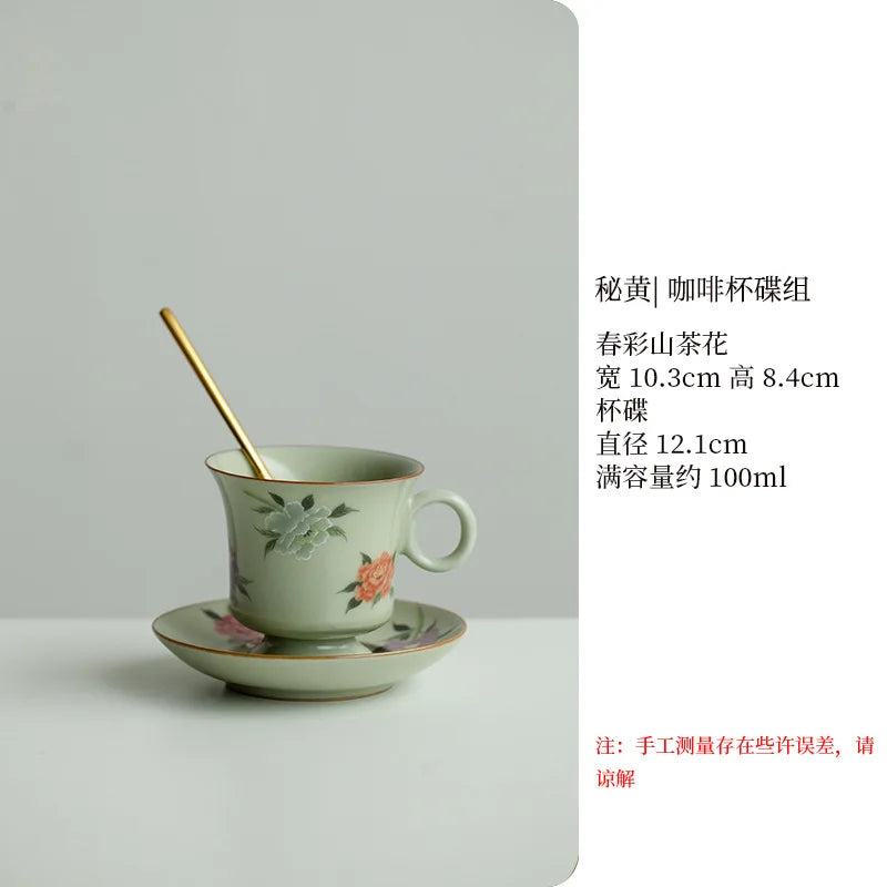 Retro Ceramic Cups Chinese Porcelain Handgrip Coffee Mug Milk Tea Cup with Spoon and Tray Home Decor Drinkware
