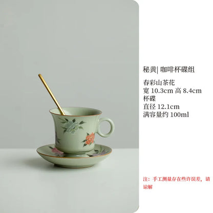 Retro Ceramic Cups Chinese Porcelain Handgrip Coffee Mug Milk Tea Cup with Spoon and Tray Home Decor Drinkware