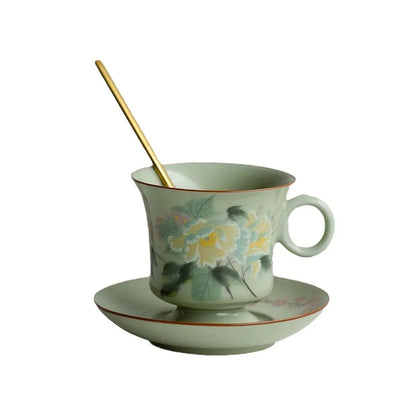 Retro Ceramic Cups Chinese Porcelain Handgrip Coffee Mug Milk Tea Cup with Spoon and Tray Home Decor Drinkware