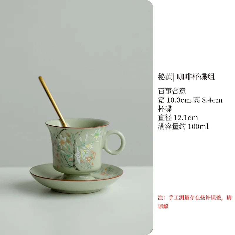 Retro Ceramic Cups Chinese Porcelain Handgrip Coffee Mug Milk Tea Cup with Spoon and Tray Home Decor Drinkware