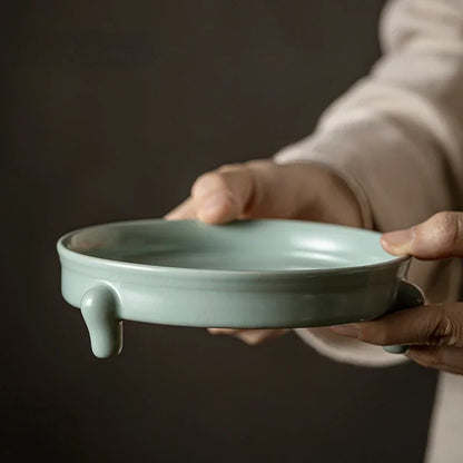 Retro Ceramic Tea Tray Azure Porcelain Pot Bearing Support Ru Kiln Three-legged Dry Brewing Plate Kung Fu Tea Sanck Fruit Plate