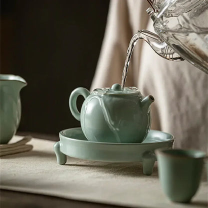 Retro Ceramic Tea Tray Azure Porcelain Pot Bearing Support Ru Kiln Three-legged Dry Brewing Plate Kung Fu Tea Sanck Fruit Plate