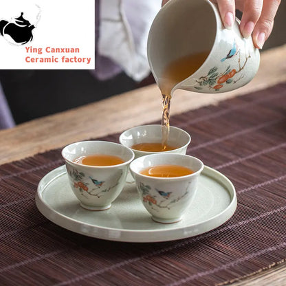 Retro Ceramic Teacup Portable Travel Meditation Cup Hand Painted Flower Pattern Tea Bowl Pu'er Master Cup Tea Set Accessories