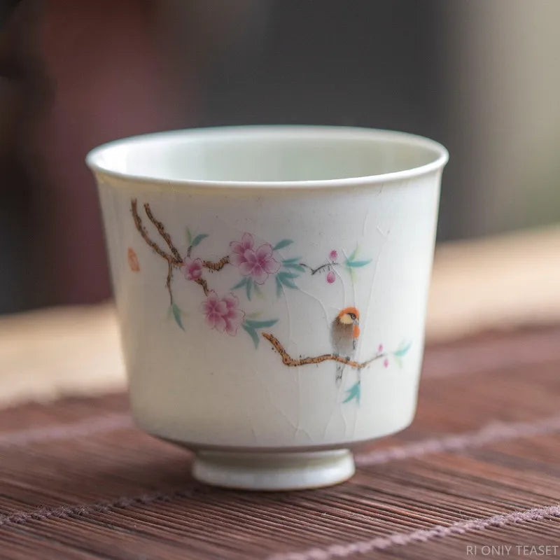 Retro Ceramic Teacup Portable Travel Meditation Cup Hand Painted Flower Pattern Tea Bowl Pu'er Master Cup Tea Set Accessories