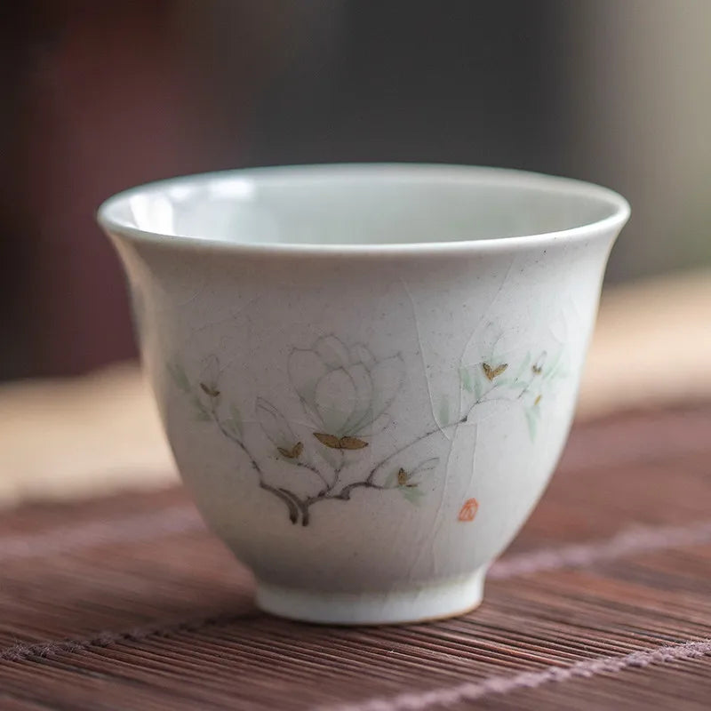 Retro Ceramic Teacup Portable Travel Meditation Cup Hand Painted Flower Pattern Tea Bowl Pu'er Master Cup Tea Set Accessories
