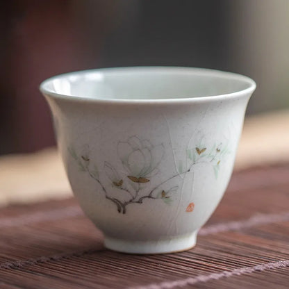 Retro Ceramic Teacup Portable Travel Meditation Cup Hand Painted Flower Pattern Tea Bowl Pu'er Master Cup Tea Set Accessories