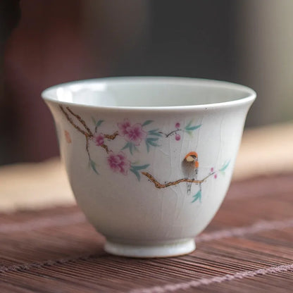Retro Ceramic Teacup Portable Travel Meditation Cup Hand Painted Flower Pattern Tea Bowl Pu'er Master Cup Tea Set Accessories