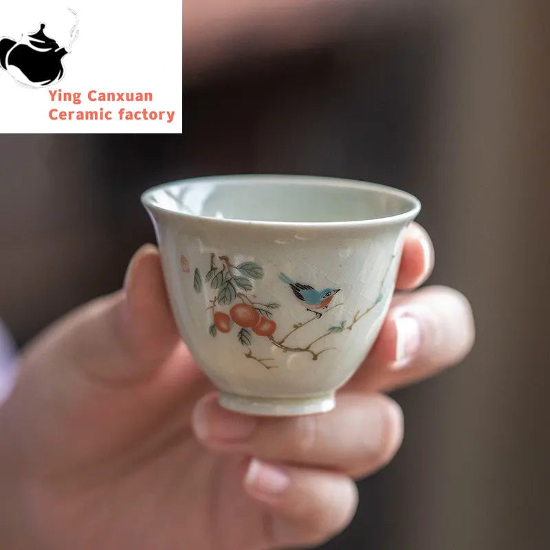 Retro Ceramic Teacup Portable Travel Meditation Cup Hand Painted Flower Pattern Tea Bowl Pu'er Master Cup Tea Set Accessories