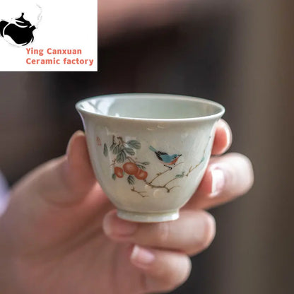 Retro Ceramic Teacup Portable Travel Meditation Cup Hand Painted Flower Pattern Tea Bowl Pu'er Master Cup Tea Set Accessories
