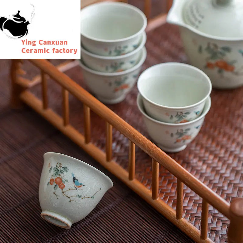 Retro Ceramic Teacup Portable Travel Meditation Cup Hand Painted Flower Pattern Tea Bowl Pu'er Master Cup Tea Set Accessories