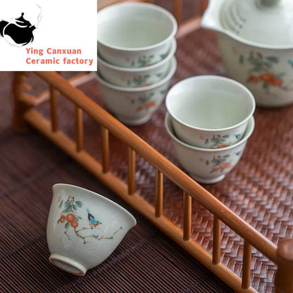 Retro Ceramic Teacup Portable Travel Meditation Cup Hand Painted Flower Pattern Tea Bowl Pu'er Master Cup Tea Set Accessories
