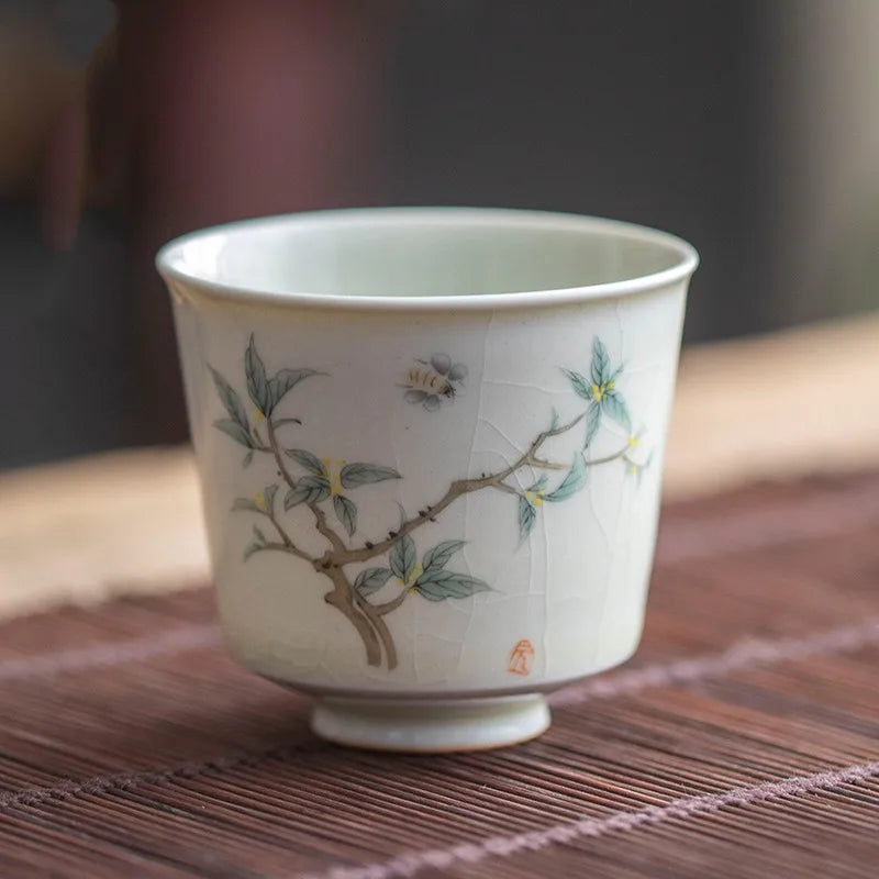 Retro Ceramic Teacup Portable Travel Meditation Cup Hand Painted Flower Pattern Tea Bowl Pu'er Master Cup Tea Set Accessories