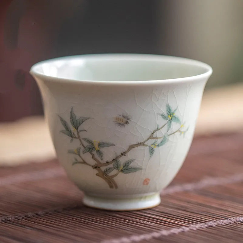 Retro Ceramic Teacup Portable Travel Meditation Cup Hand Painted Flower Pattern Tea Bowl Pu'er Master Cup Tea Set Accessories