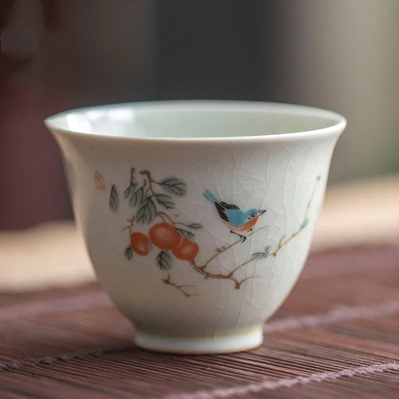 Retro Ceramic Teacup Portable Travel Meditation Cup Hand Painted Flower Pattern Tea Bowl Pu'er Master Cup Tea Set Accessories
