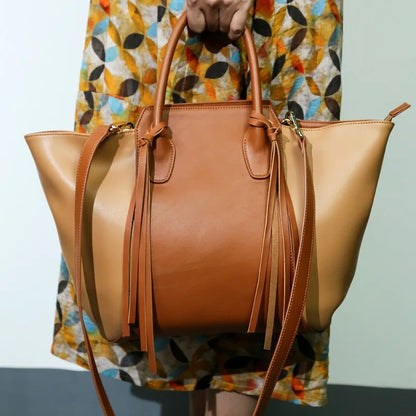Retro Color Matching Tassel Tote Bag Women Large Capacity Practical Shopping Travel Bags Autumn Winter Luxury Bolsos Mujer
