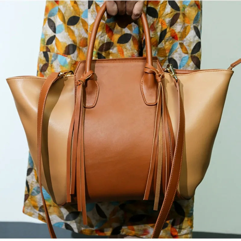 Retro Color Matching Tassel Tote Bag Women Large Capacity Practical Shopping Travel Bags Autumn Winter Luxury Bolsos Mujer