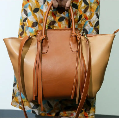 Retro Color Matching Tassel Tote Bag Women Large Capacity Practical Shopping Travel Bags Autumn Winter Luxury Bolsos Mujer