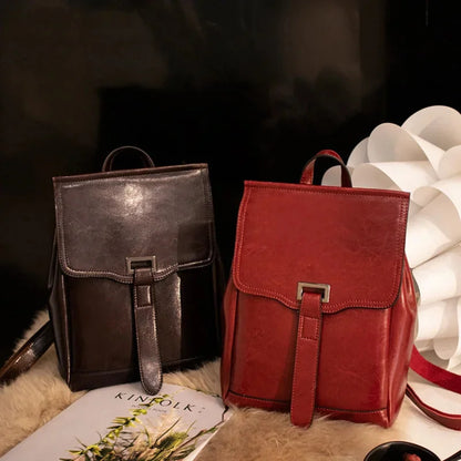 Retro Genuine Cow Backpack For Women Oil Wax Leather Travel Ladies Shoulder Bag Fashion Teenager Girls Small Schoolbag