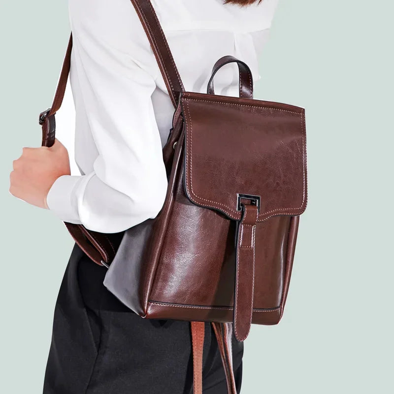 Retro Genuine Cow Backpack For Women Oil Wax Leather Travel Ladies Shoulder Bag Fashion Teenager Girls Small Schoolbag